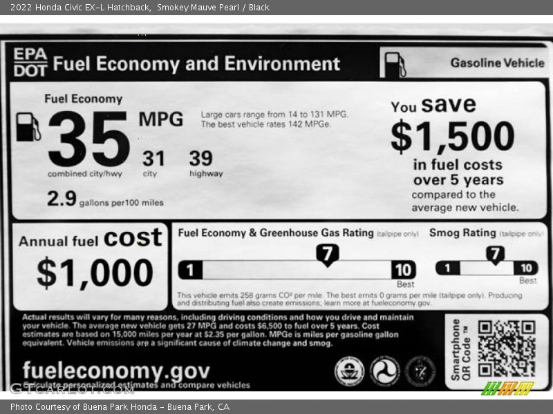 Smokey Mauve Pearl / Black 2022 Honda Civic EX-L Hatchback
