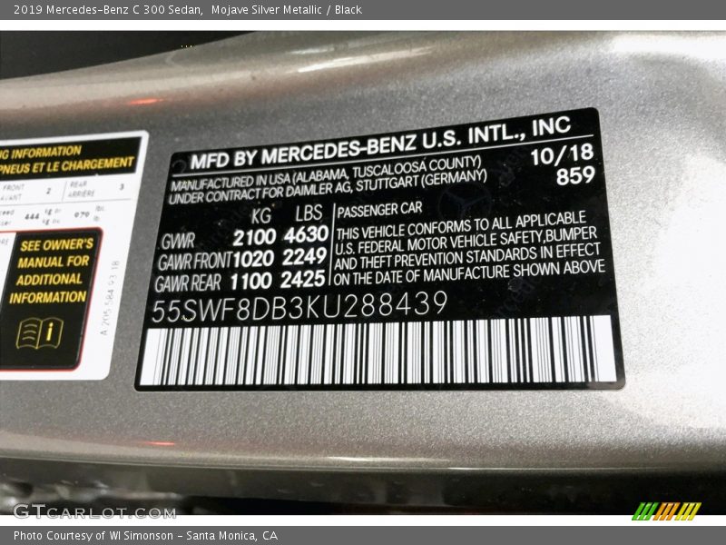 2019 C 300 Sedan Mojave Silver Metallic Color Code 859