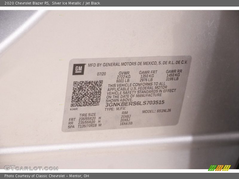 Silver Ice Metallic / Jet Black 2020 Chevrolet Blazer RS