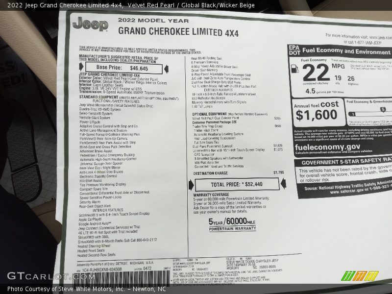  2022 Grand Cherokee Limited 4x4 Window Sticker