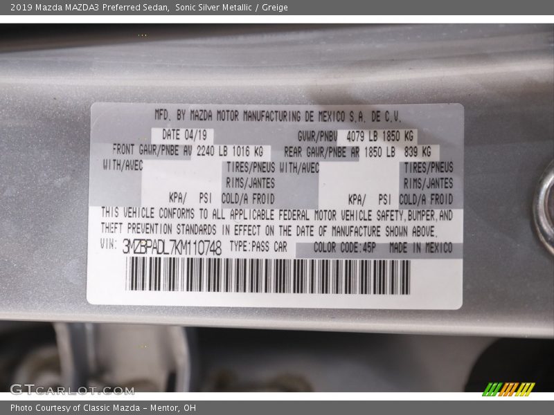 2019 MAZDA3 Preferred Sedan Sonic Silver Metallic Color Code 45P