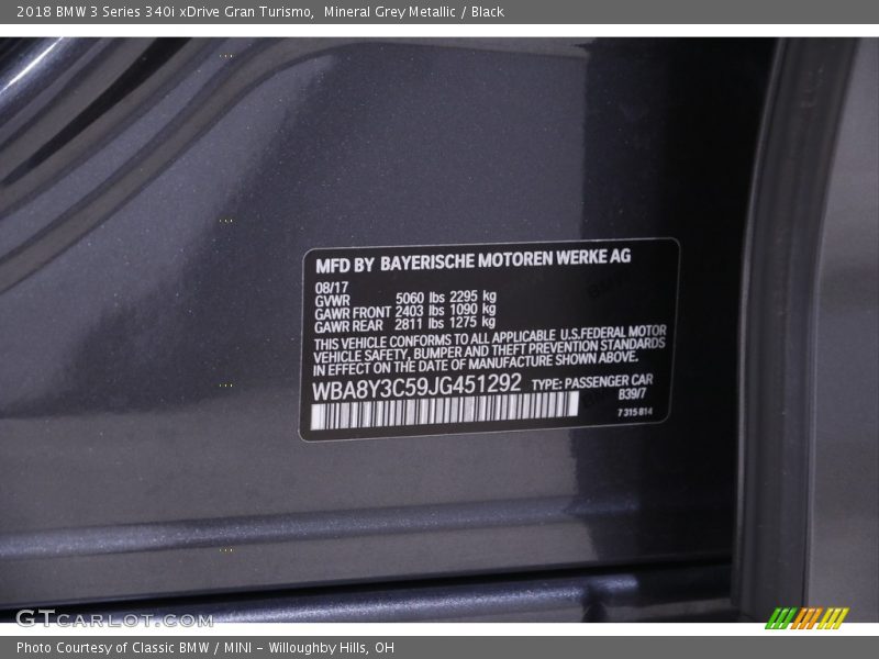 Mineral Grey Metallic / Black 2018 BMW 3 Series 340i xDrive Gran Turismo