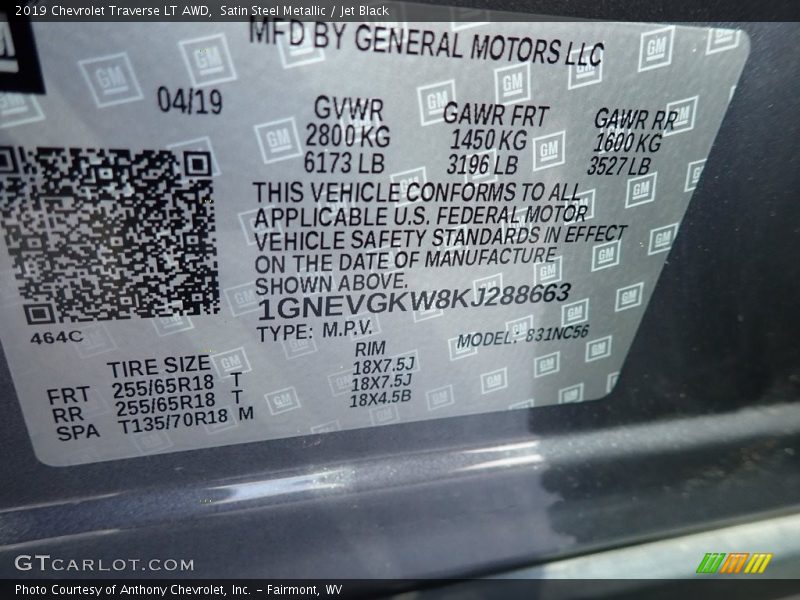 Satin Steel Metallic / Jet Black 2019 Chevrolet Traverse LT AWD