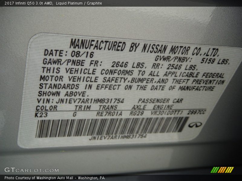 2017 Q50 3.0t AWD Liquid Platinum Color Code K23