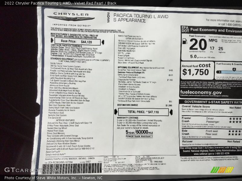  2022 Pacifica Touring L AWD Window Sticker