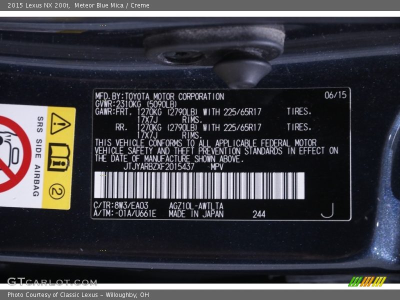 2015 NX 200t Meteor Blue Mica Color Code 8W3