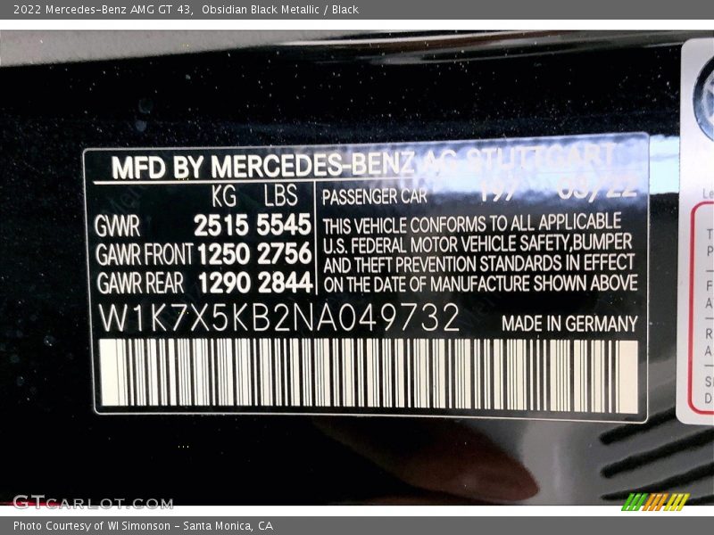 2022 AMG GT 43 Obsidian Black Metallic Color Code 197