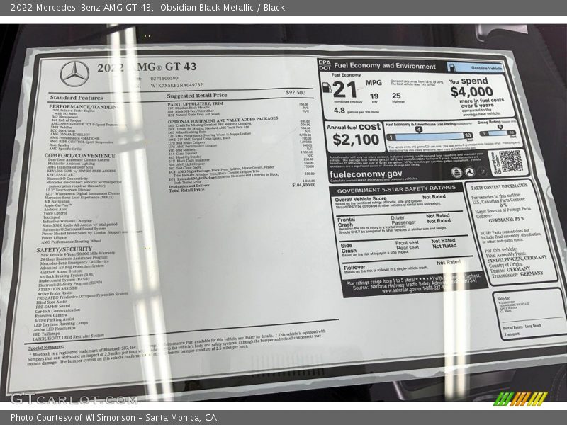  2022 AMG GT 43 Window Sticker