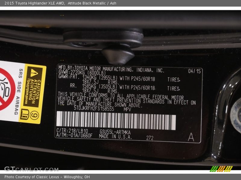Attitude Black Metallic / Ash 2015 Toyota Highlander XLE AWD