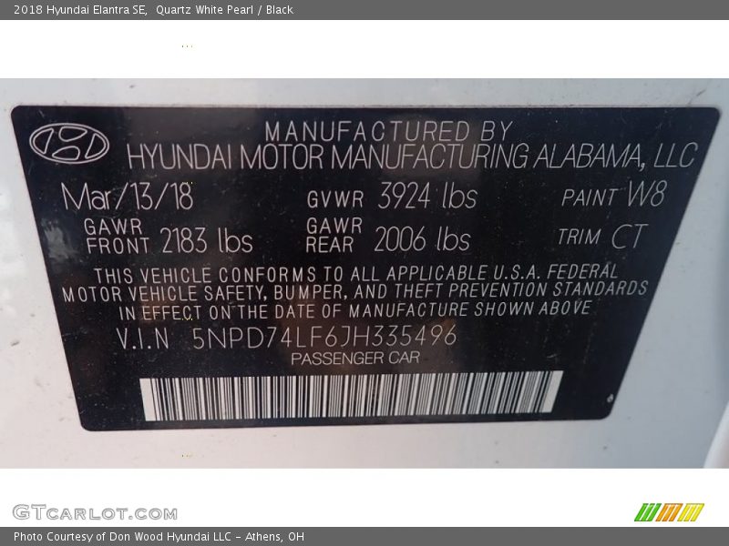 Quartz White Pearl / Black 2018 Hyundai Elantra SE