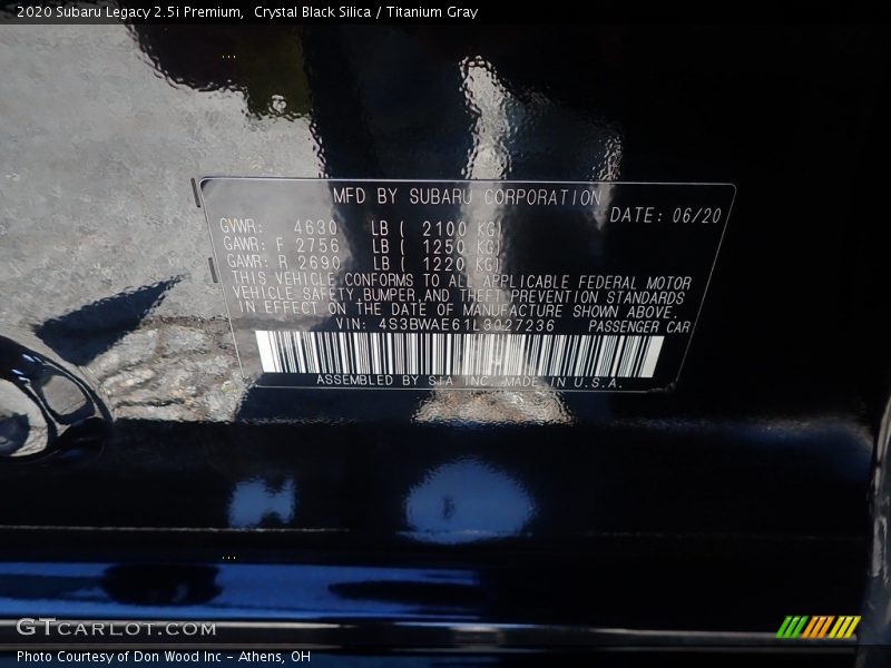 Crystal Black Silica / Titanium Gray 2020 Subaru Legacy 2.5i Premium
