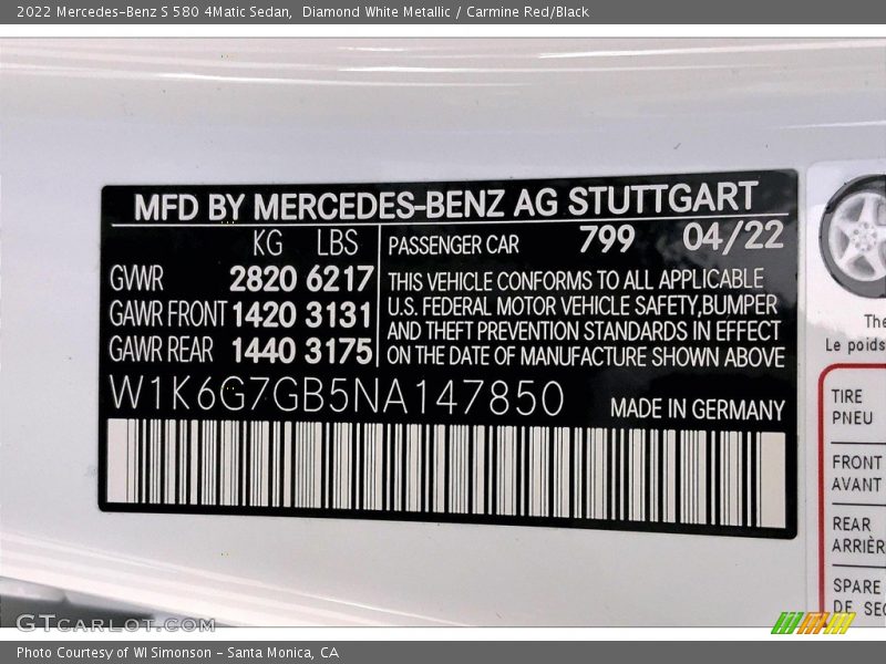 2022 S 580 4Matic Sedan Diamond White Metallic Color Code 799