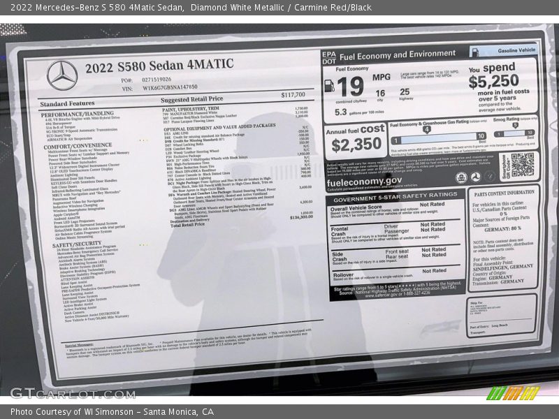  2022 S 580 4Matic Sedan Window Sticker