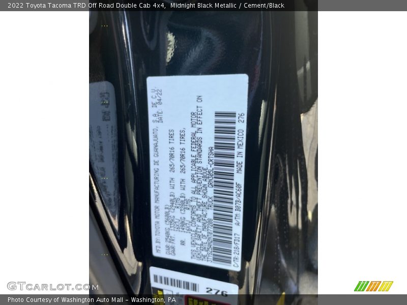 2022 Tacoma TRD Off Road Double Cab 4x4 Midnight Black Metallic Color Code 218