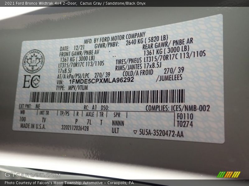 2021 Bronco Wildtrak 4x4 2-Door Cactus Gray Color Code NE