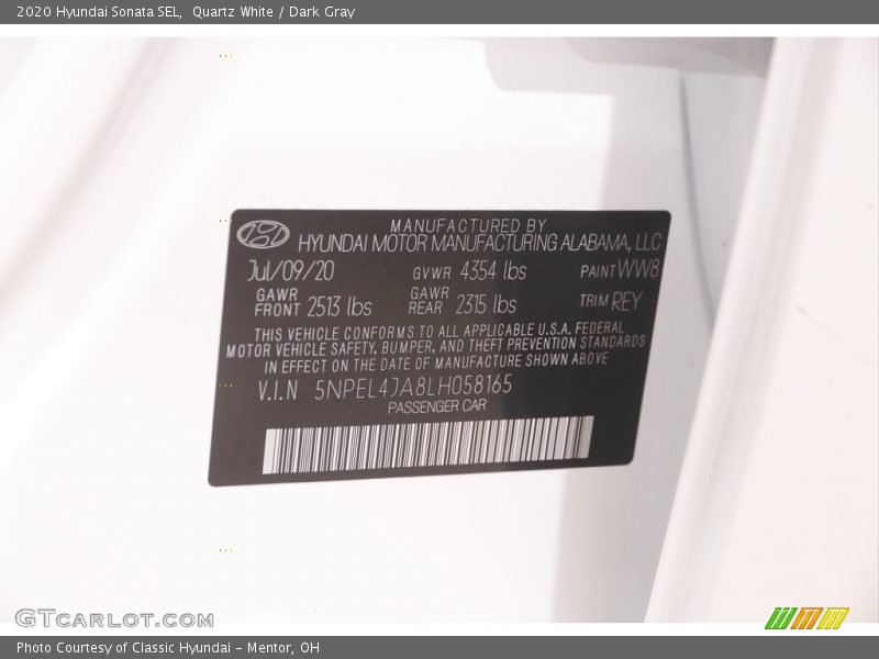 Quartz White / Dark Gray 2020 Hyundai Sonata SEL