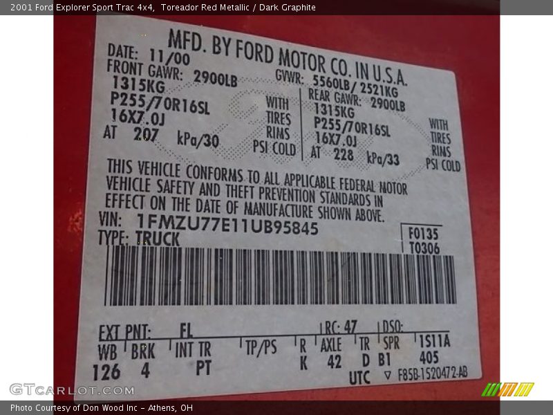Toreador Red Metallic / Dark Graphite 2001 Ford Explorer Sport Trac 4x4