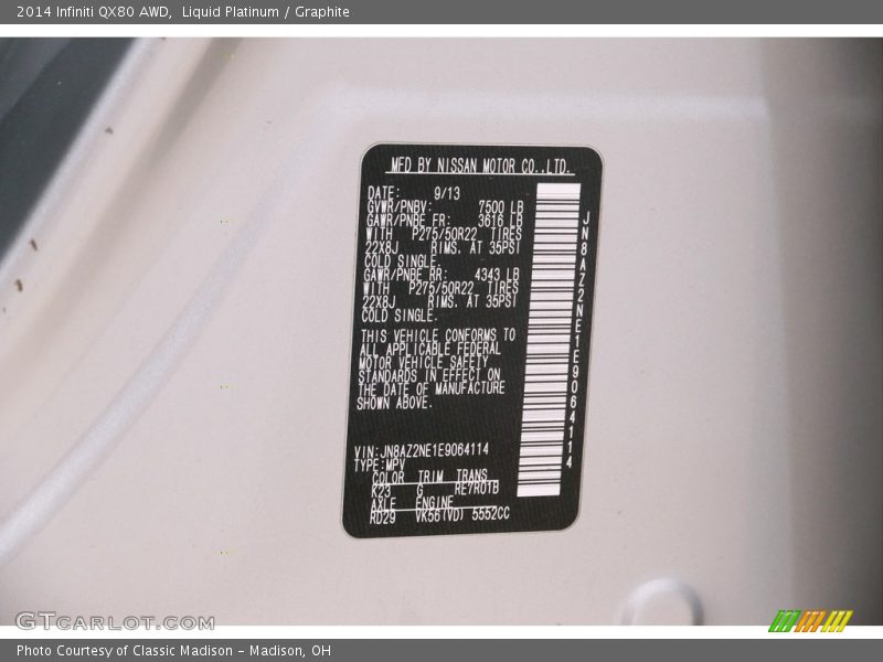2014 QX80 AWD Liquid Platinum Color Code K23