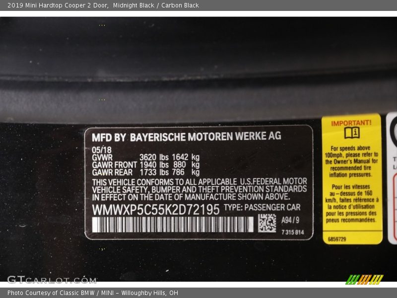 Midnight Black / Carbon Black 2019 Mini Hardtop Cooper 2 Door