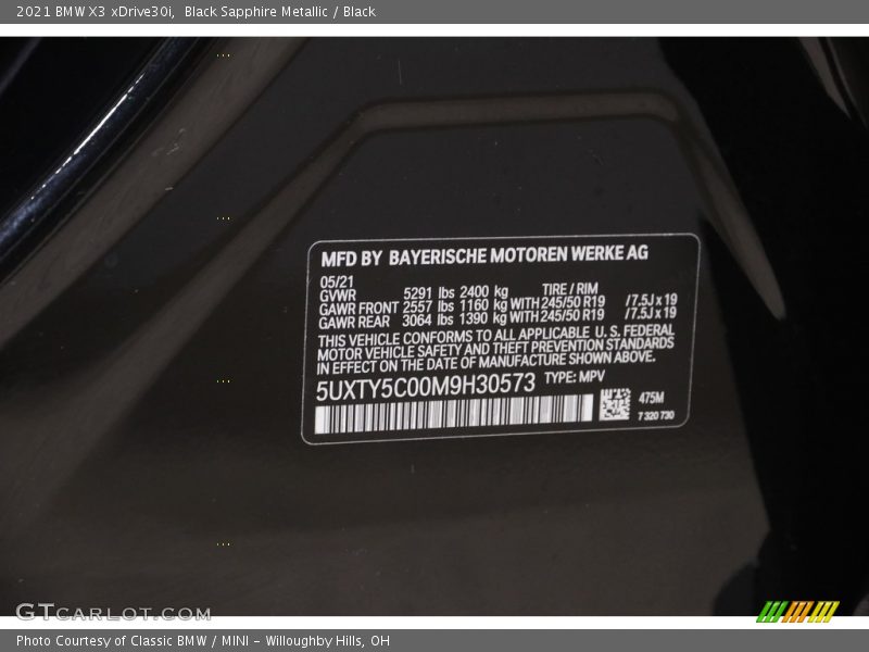 Black Sapphire Metallic / Black 2021 BMW X3 xDrive30i