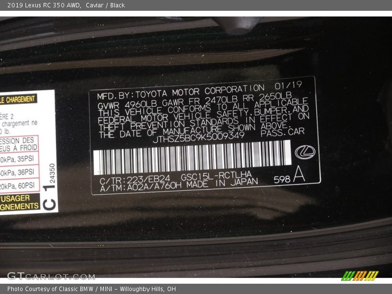 2019 RC 350 AWD Caviar Color Code 223