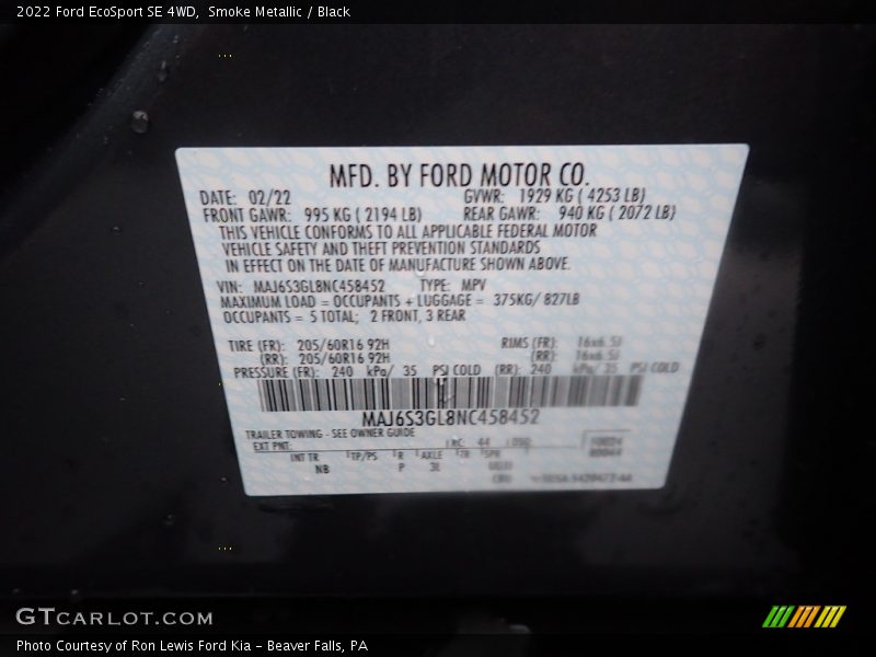 Smoke Metallic / Black 2022 Ford EcoSport SE 4WD