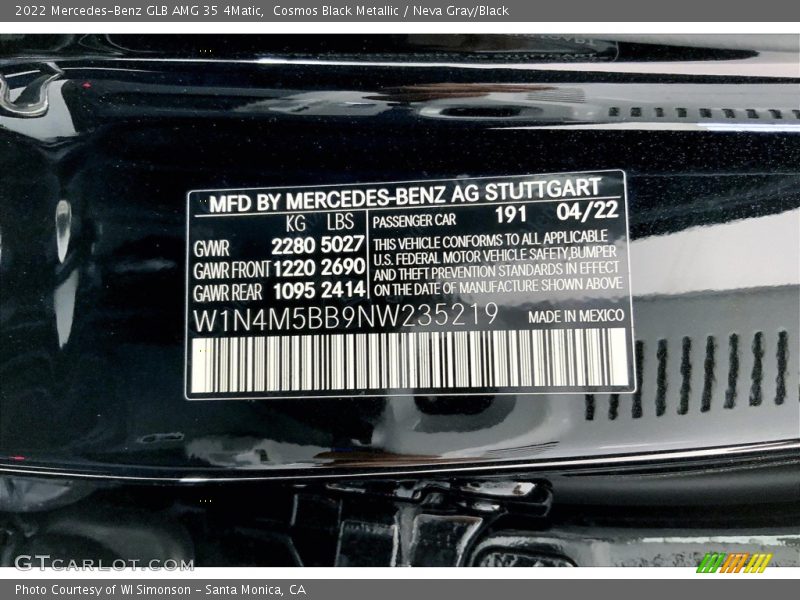 2022 GLB AMG 35 4Matic Cosmos Black Metallic Color Code 191