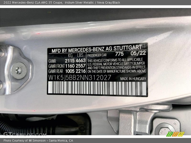 2022 CLA AMG 35 Coupe Iridium Silver Metallic Color Code 775