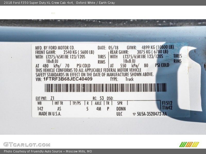 2018 F350 Super Duty XL Crew Cab 4x4 Oxford White Color Code Z1
