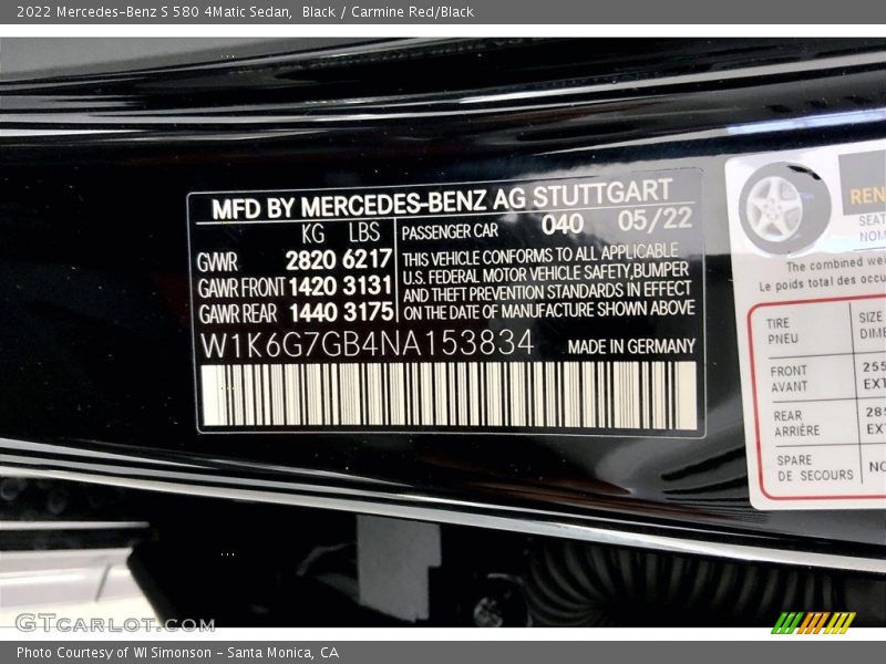 2022 S 580 4Matic Sedan Black Color Code 040