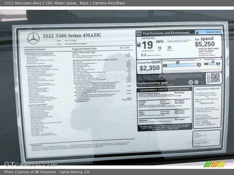  2022 S 580 4Matic Sedan Window Sticker