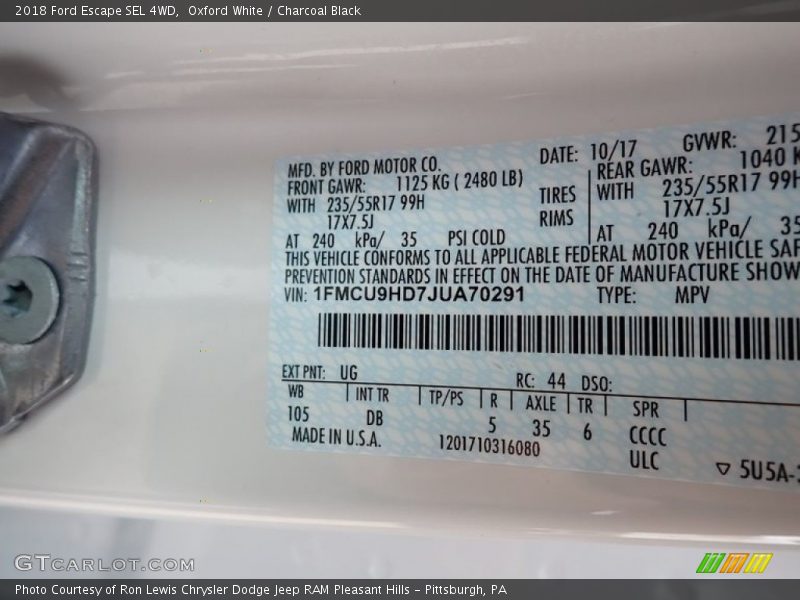 Oxford White / Charcoal Black 2018 Ford Escape SEL 4WD