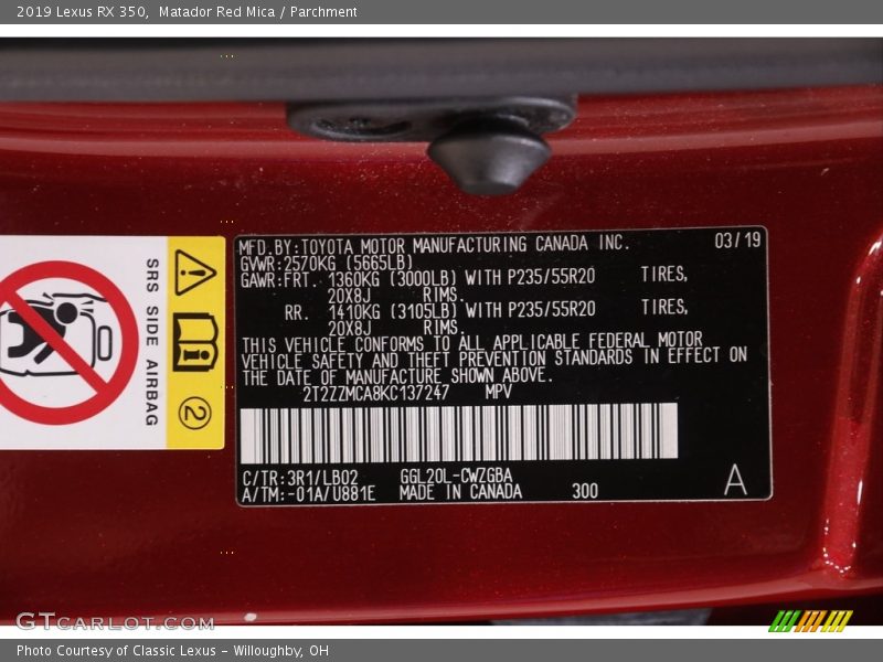 2019 RX 350 Matador Red Mica Color Code 3R1