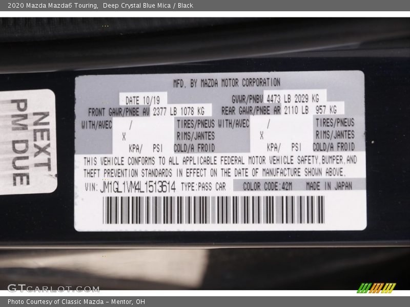 Deep Crystal Blue Mica / Black 2020 Mazda Mazda6 Touring
