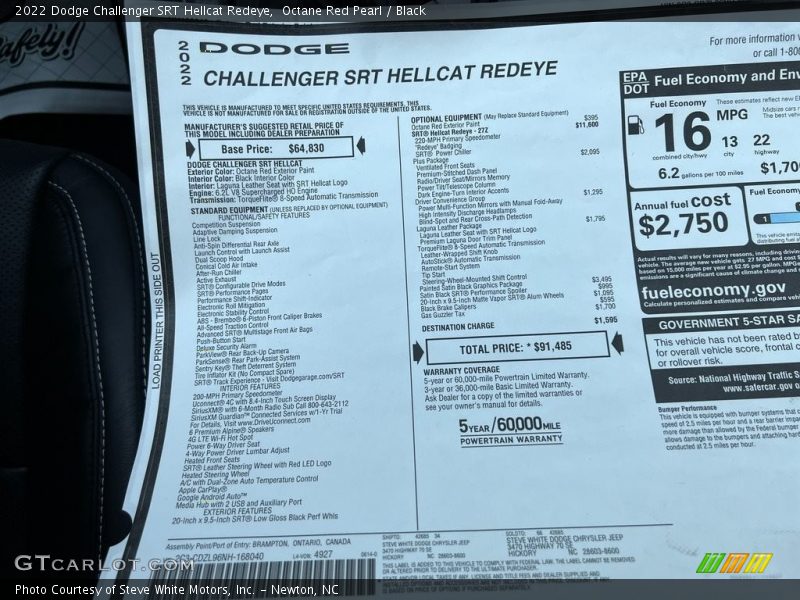  2022 Challenger SRT Hellcat Redeye Window Sticker