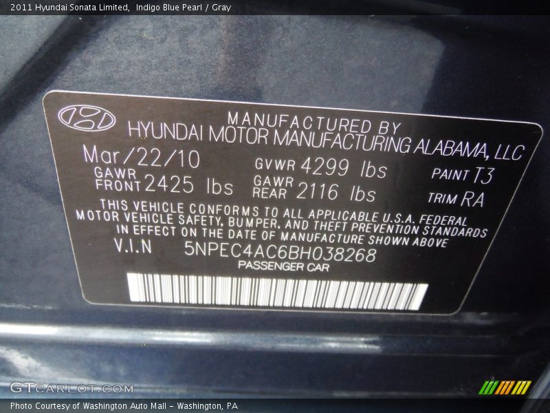 Indigo Blue Pearl / Gray 2011 Hyundai Sonata Limited