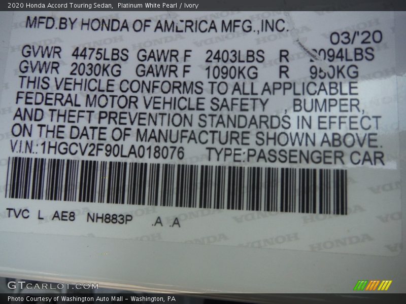 Platinum White Pearl / Ivory 2020 Honda Accord Touring Sedan