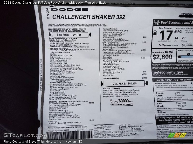  2022 Challenger R/T Scat Pack Shaker Widebody Window Sticker