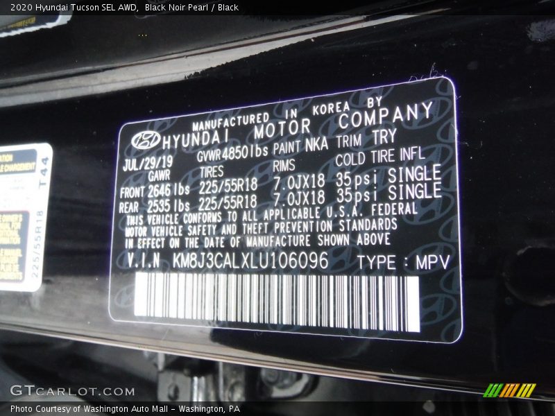 Black Noir Pearl / Black 2020 Hyundai Tucson SEL AWD