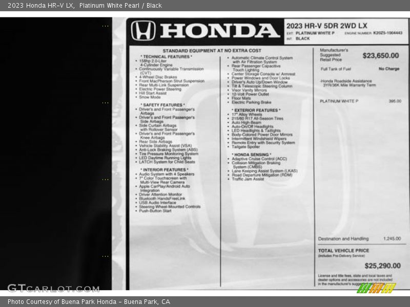 Platinum White Pearl / Black 2023 Honda HR-V LX