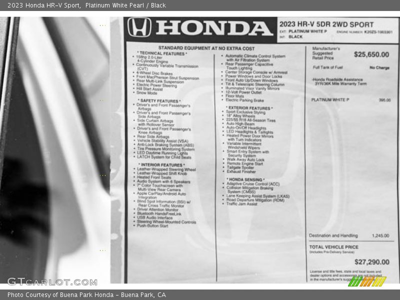 Platinum White Pearl / Black 2023 Honda HR-V Sport