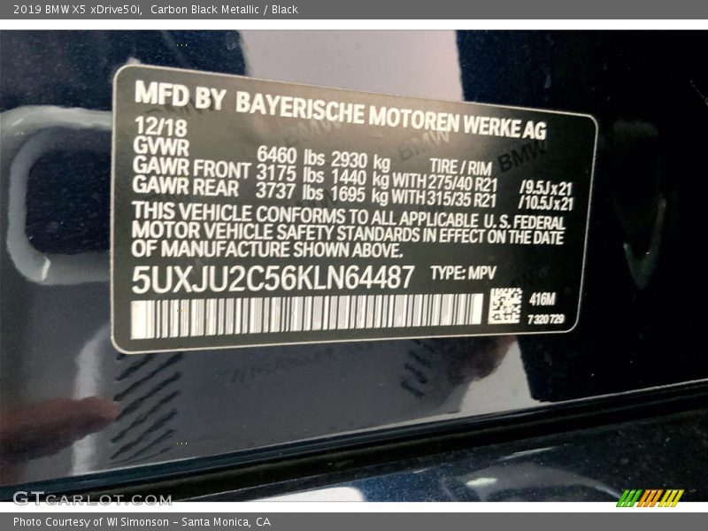 Carbon Black Metallic / Black 2019 BMW X5 xDrive50i