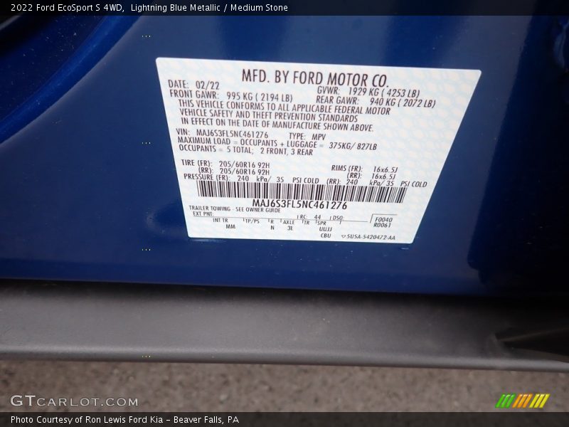 Lightning Blue Metallic / Medium Stone 2022 Ford EcoSport S 4WD