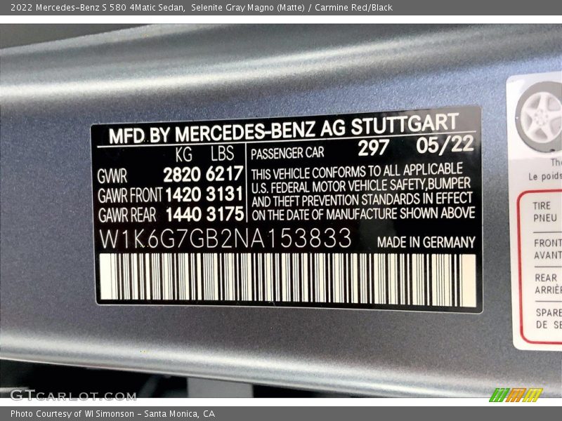 2022 S 580 4Matic Sedan Selenite Gray Magno (Matte) Color Code 297