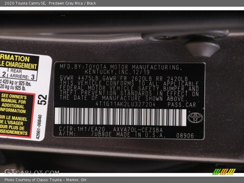 Predawn Gray Mica / Black 2020 Toyota Camry SE