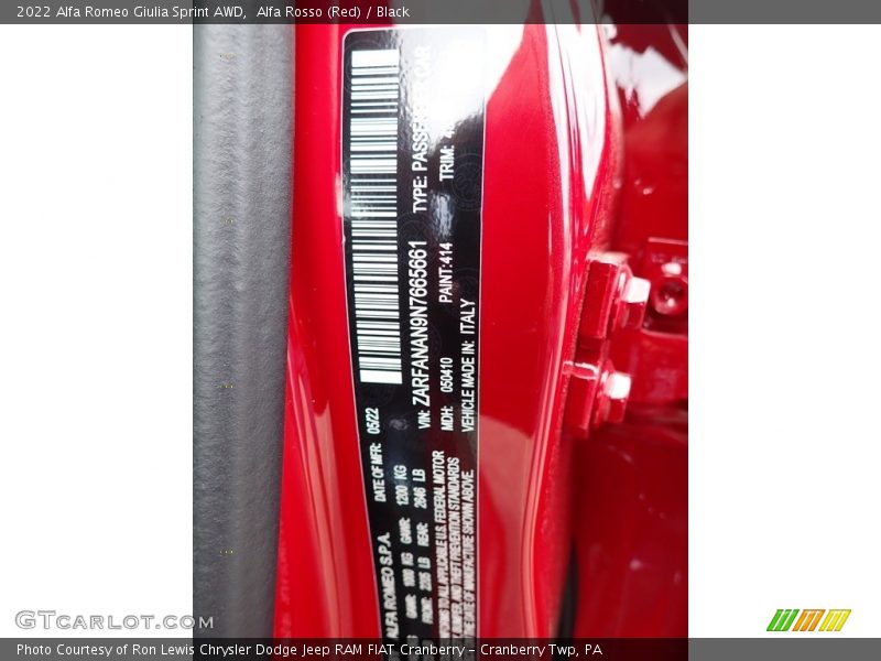 2022 Giulia Sprint AWD Alfa Rosso (Red) Color Code 414