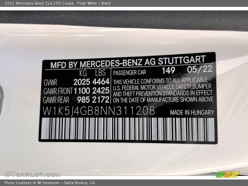 Polar White / Black 2022 Mercedes-Benz CLA 250 Coupe