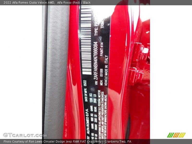 2022 Giulia Veloce AWD Alfa Rosso (Red) Color Code 414