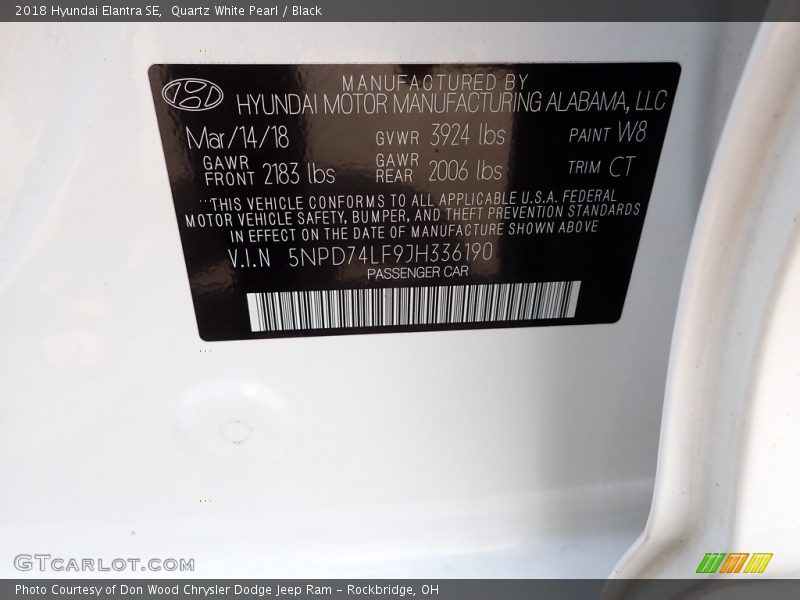 Quartz White Pearl / Black 2018 Hyundai Elantra SE