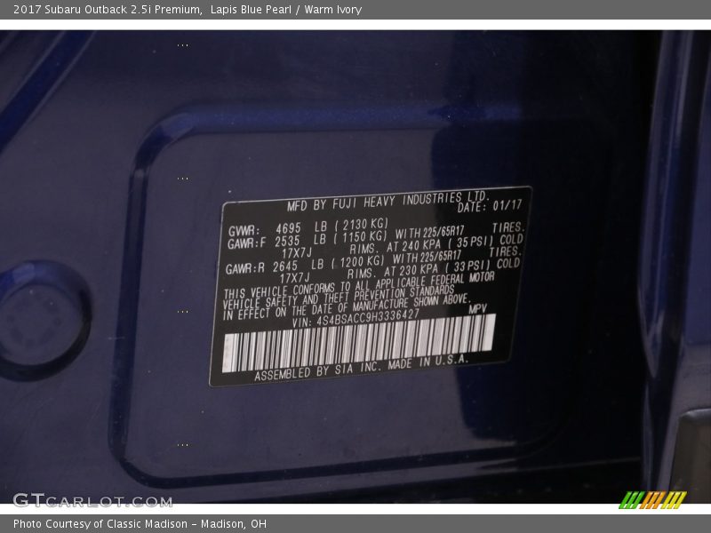 Lapis Blue Pearl / Warm Ivory 2017 Subaru Outback 2.5i Premium